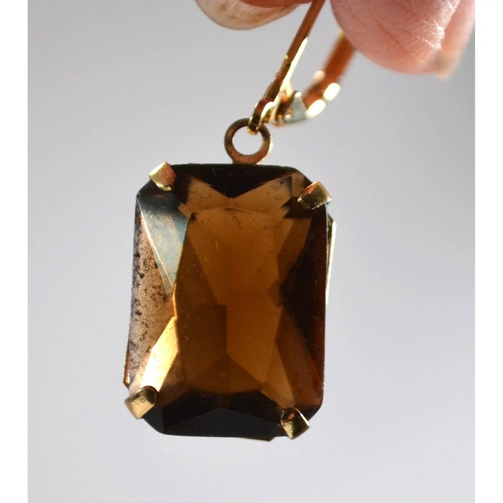 Gold Tone Dark Brown Amber Crystal Lever-back Earrings 1.5
